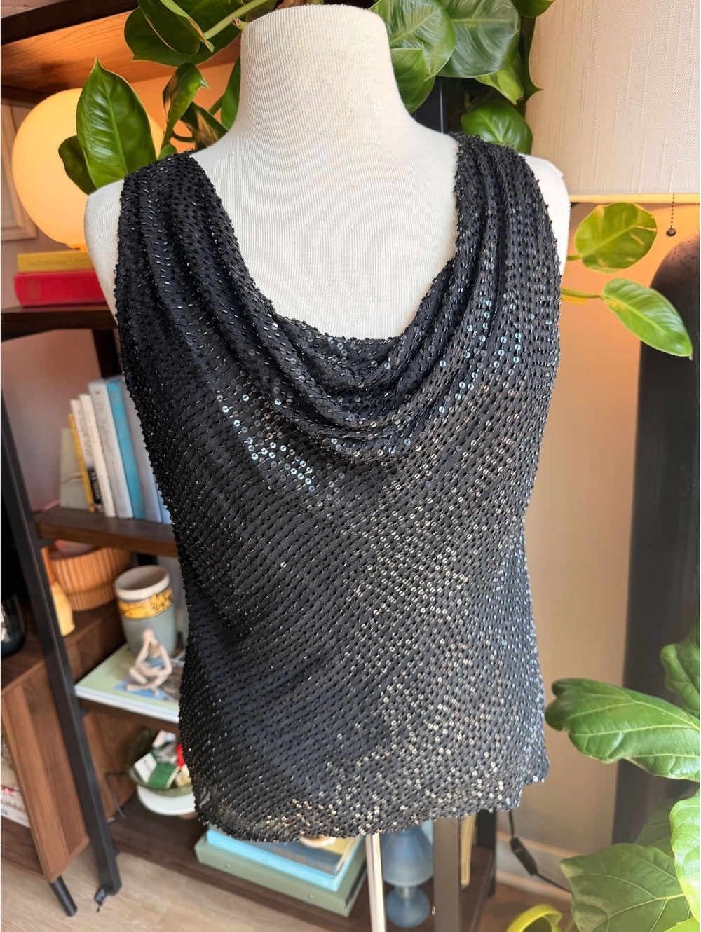 Vintage Beaded Xscape by Joanna Chen Black Sequin Sleeveless Cowl Neck Top